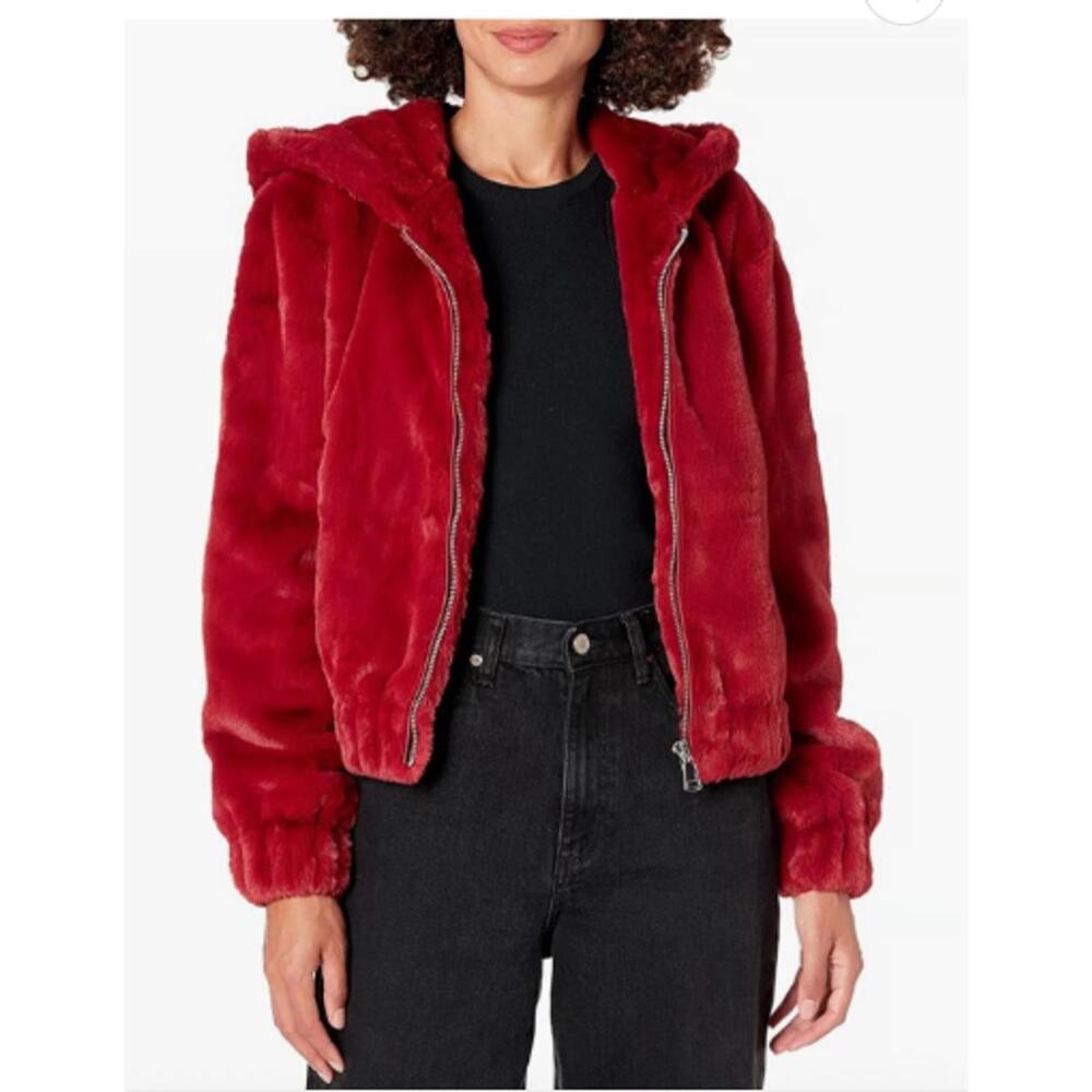 NWT The Drop Women's Sloane Faux Fur Zip Front Hooded Bomber Jacket Sz Large